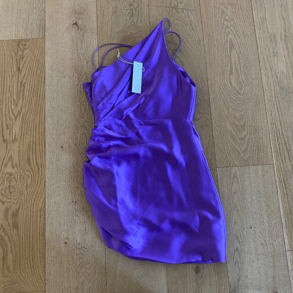 The Sei Asymmetrical Plunge Silk Mini Dress in Purple - Picture 2 of 9